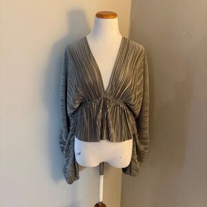 MIOU MUSE NWOT Plisse Dolman Sleeve Plunging V Neck Ruched Waist Top Medium